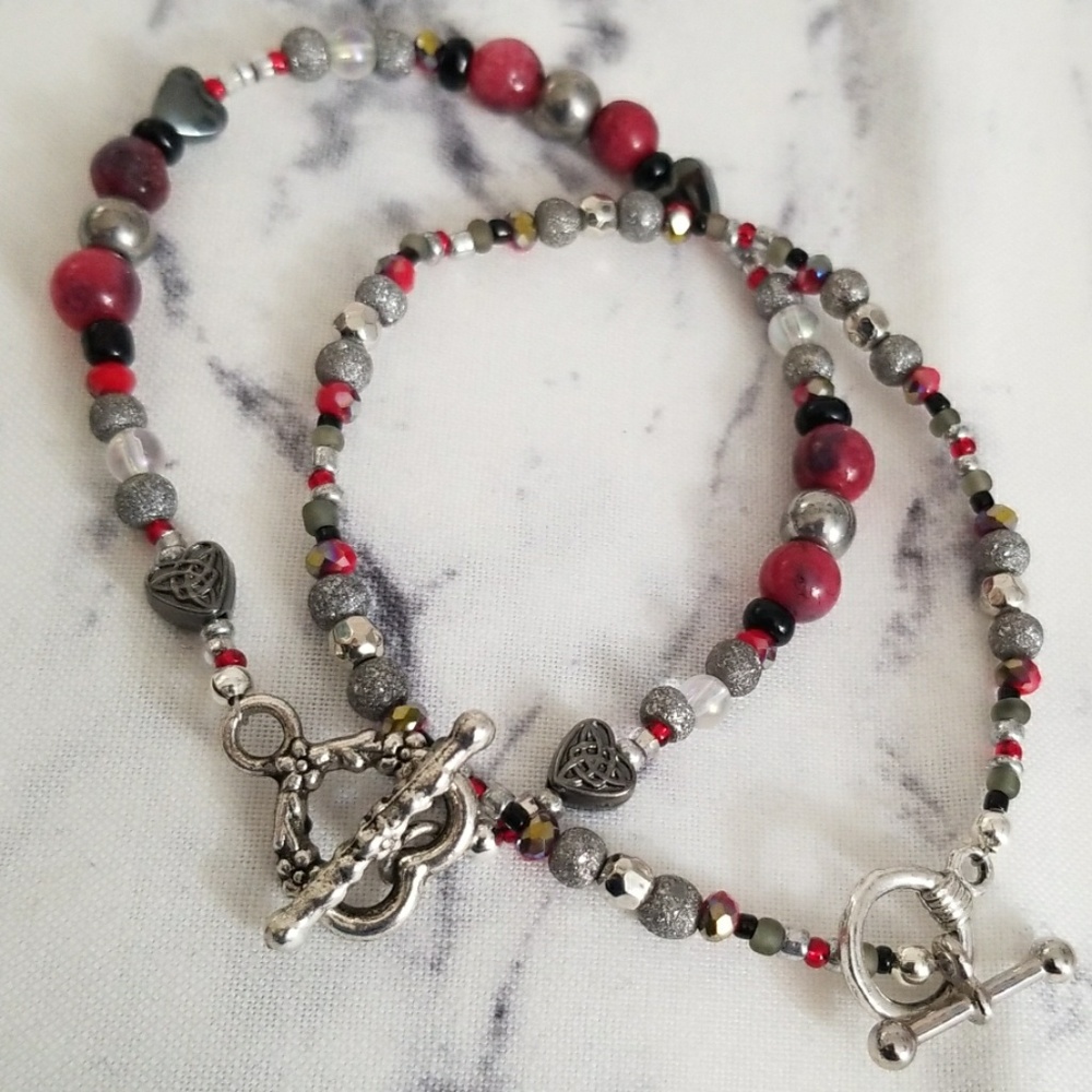 Red, grey and silver stackable beaded bracelets